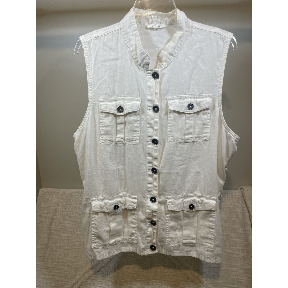 Maurices White Button Front Linen/Cotton Blend Vest Utility Pockets Women's Sz 1